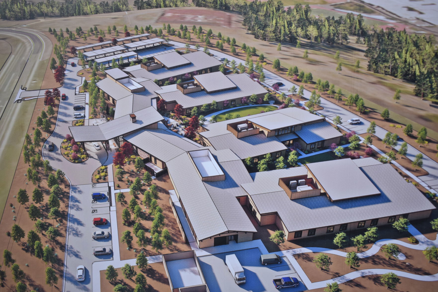 A rendering of the full veterans' home being built on McMillian Mesa.